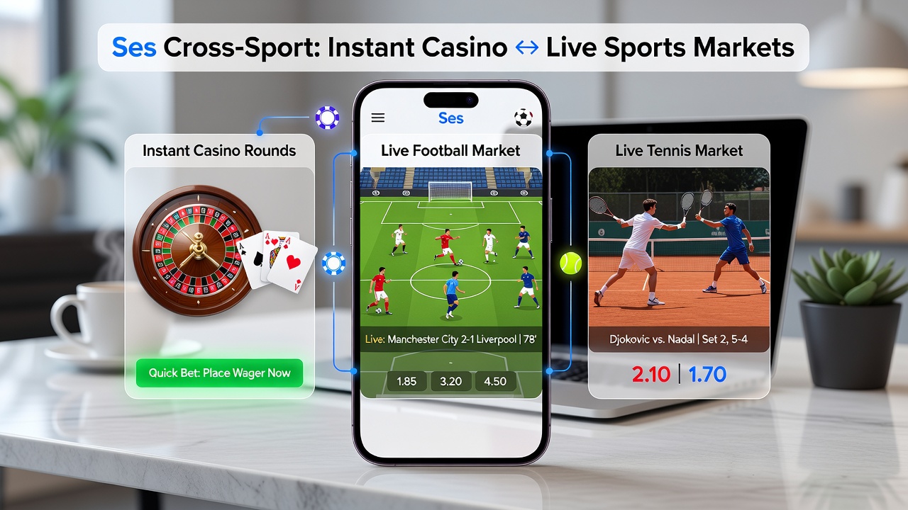 Diagram van een app-dashboard met live voetbal- en tennisdata gekoppeld aan casino-rondes en sessieplafonds